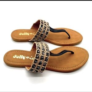 Dolly Mix Sz 7.5 Black Sparkle Faux Leather Thong Sandals Flip-flops S…